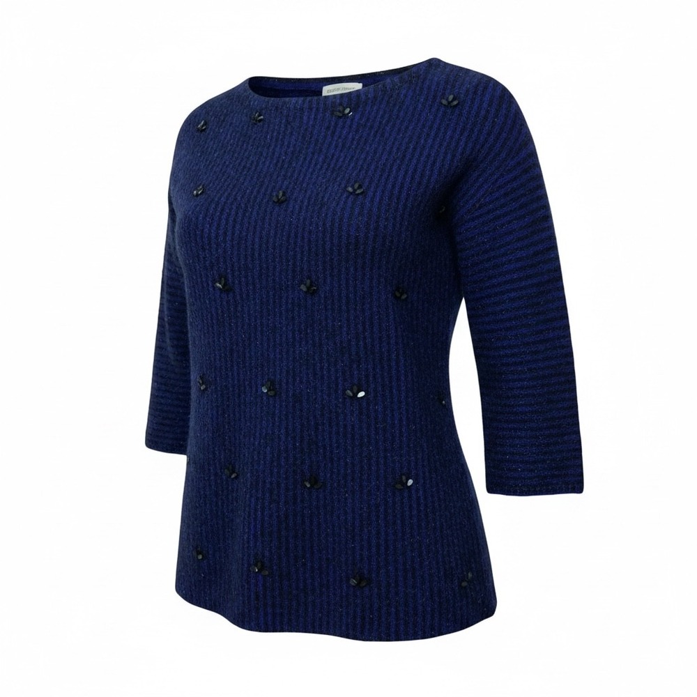 Ruby Rd Womens Blue Black Metallic Striped Beaded Boat Neck Sweater Size S